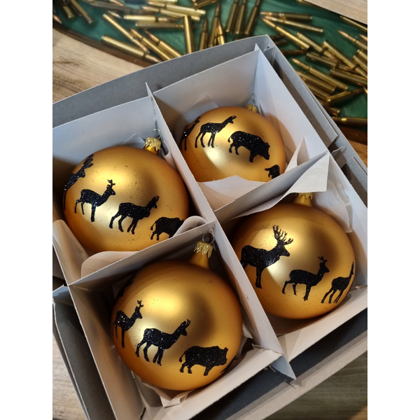 Karácsonyi golyók TETRAO arany matt - állatok 10 cm, 4 db